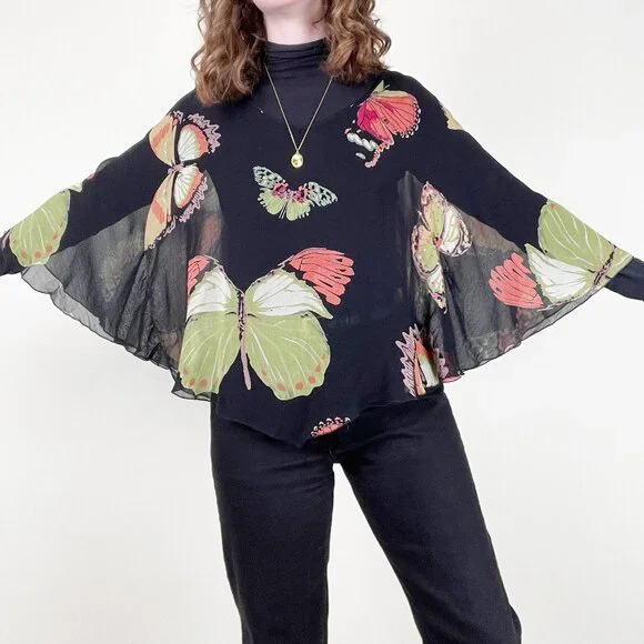 Vintage 90s Y2K Silk Poncho Top Sheer Butterfly Print Whimsical Blouse Tunic 00s - Picture 2 of 6